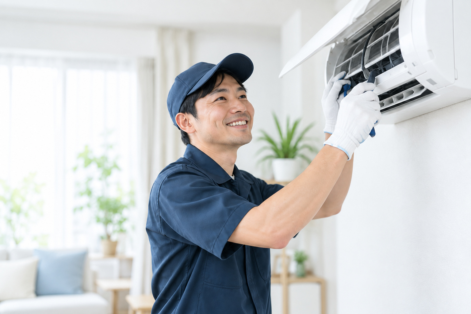 明るい室内でエアコンを丁寧に清掃する男性スタッフ
