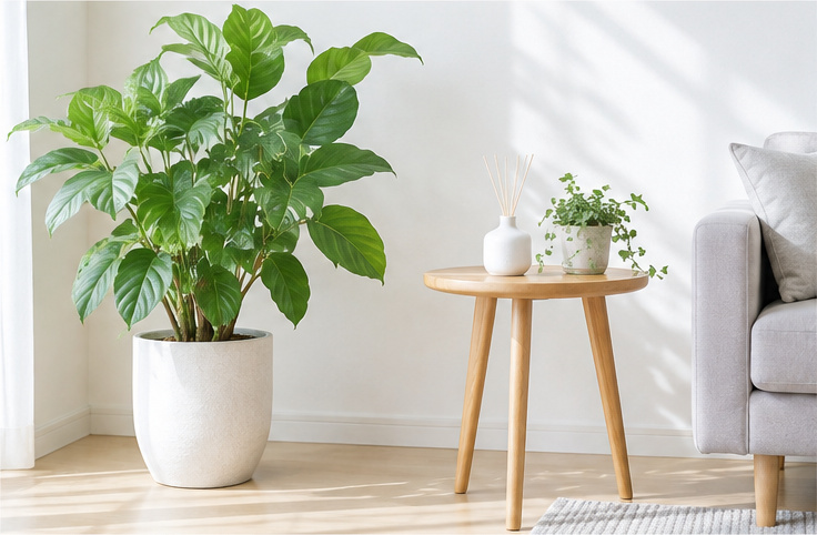 観葉植物とサイドテーブルのある明るい室内
