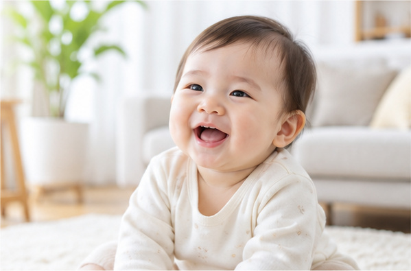 明るい室内で笑う赤ちゃん