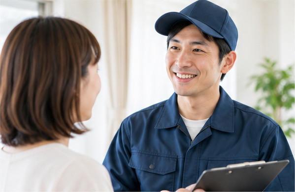 利用者と笑顔で話す男性スタッフ